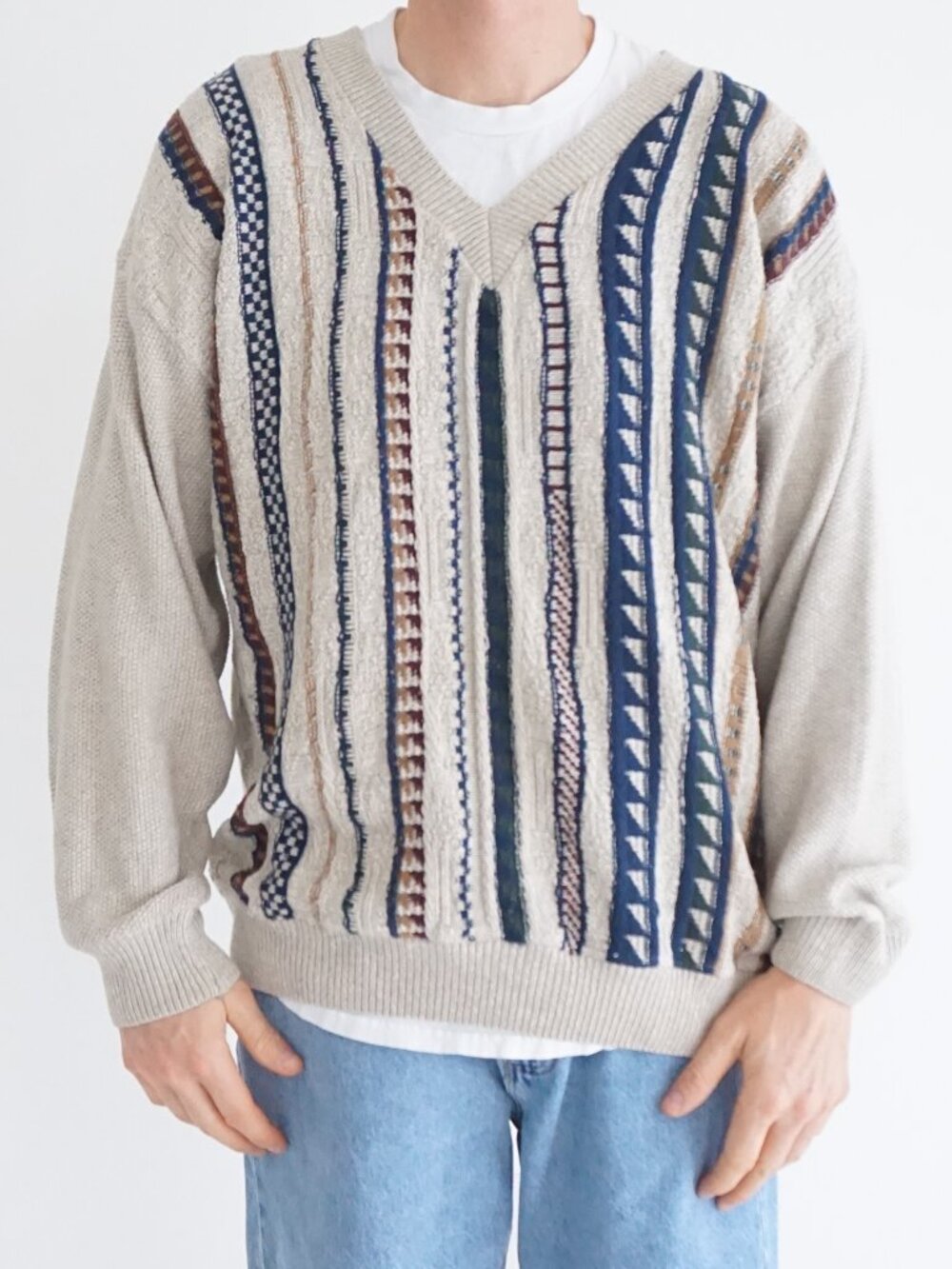 Vintage Bahama Beige Blue Geometric Stripe Cotton Blend Knit Sweater Canadian L